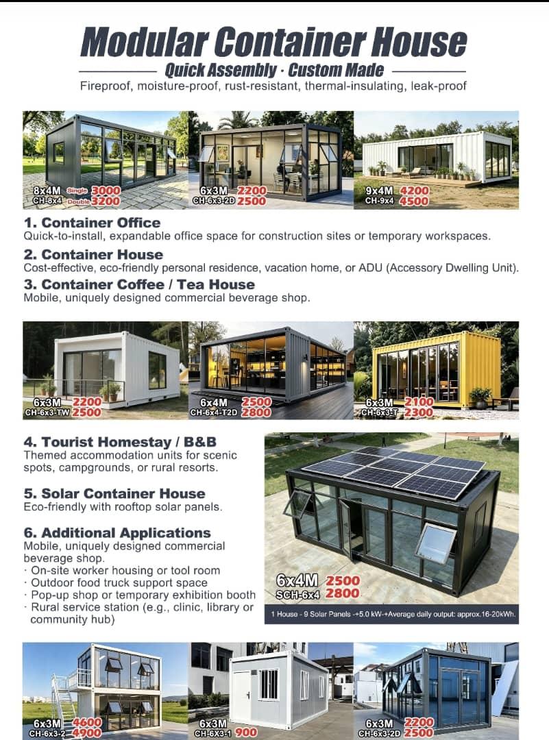 Flyer Modular Container House : bureaux, logements, commerces et solutions solaires en container